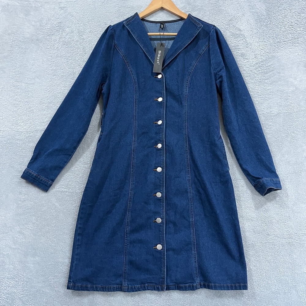 Allegra K Women's Denim Dress Medium Button Down Collar V Neck Long Sleeve Boho